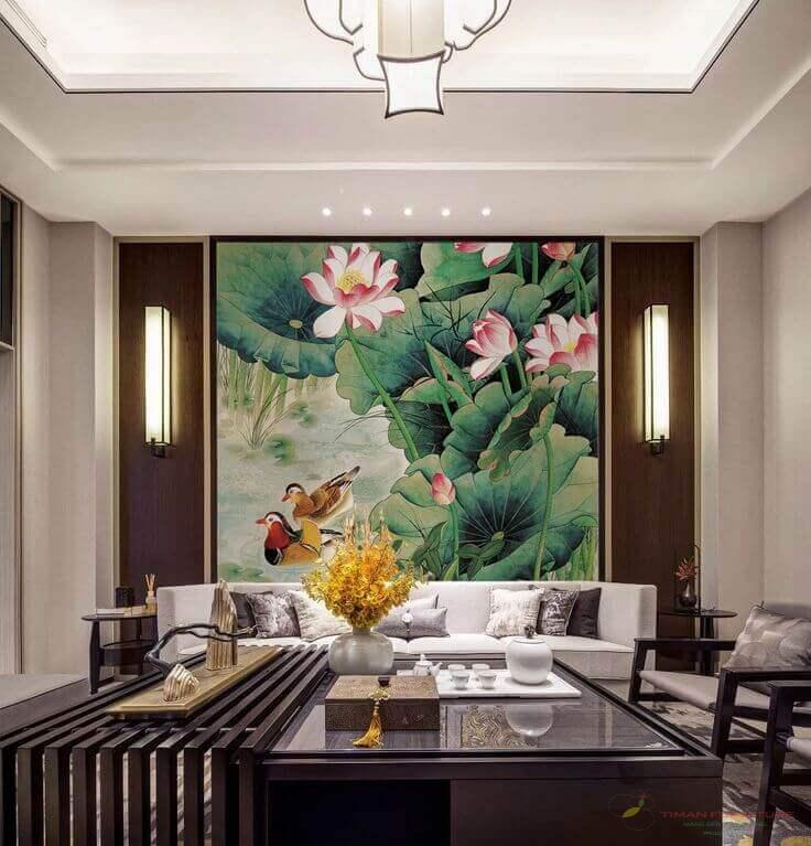 Tranh dán tường hoa sen in trên chất liệu vải